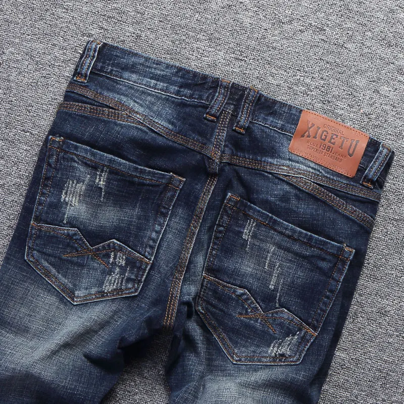 Italian Style Fashion Men Ripped Jeans Retro Dark Blue Elastic Slim Fit Streetwear Vintage Designer Denim Pants Free Shipping