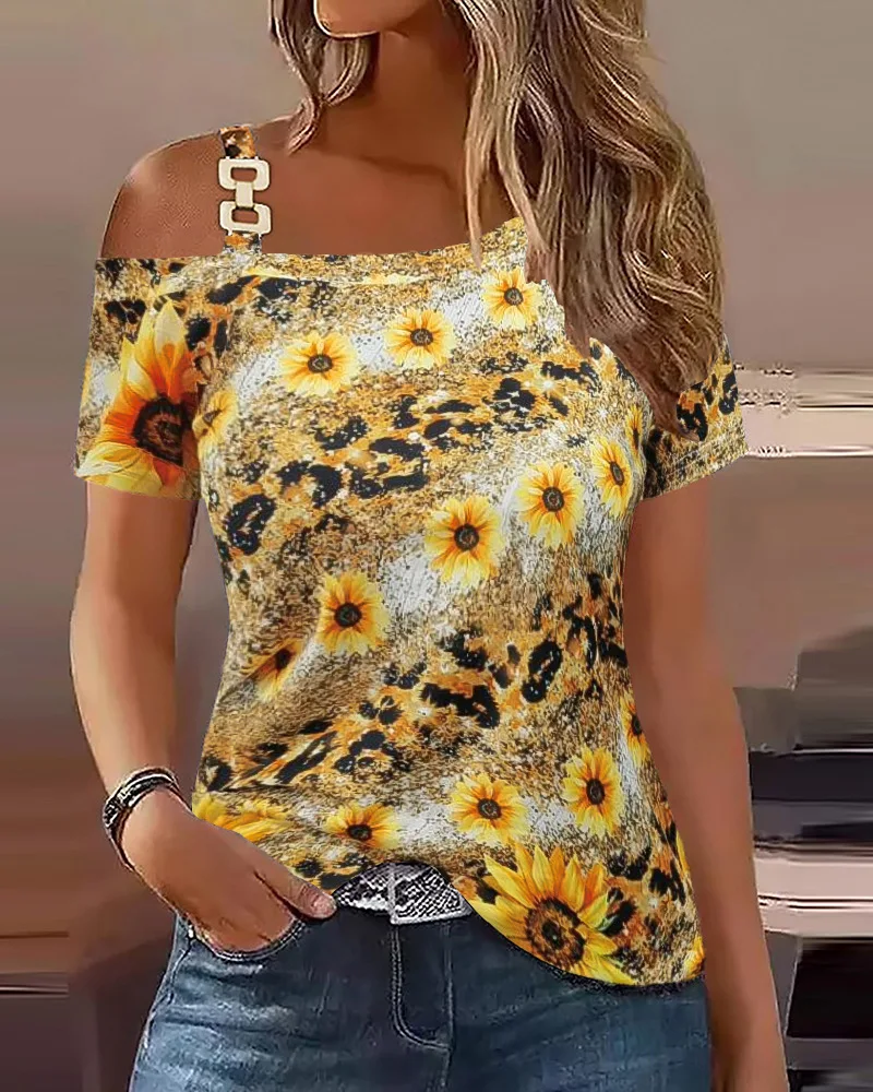 

Women's Top Summer Fashion Sunflower Print Chain Decor Casual Asymmetric Off Shoulder Collar Short Sleeve Daily T-Shirt 2023 New