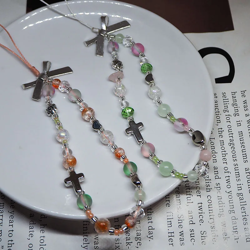 

Y2K Mobile Phone Charm Strap Chain Lanyard for Women Girls Orange Green Crack Glass Beads Silver Cross Bow Keychain Jewelry Gift