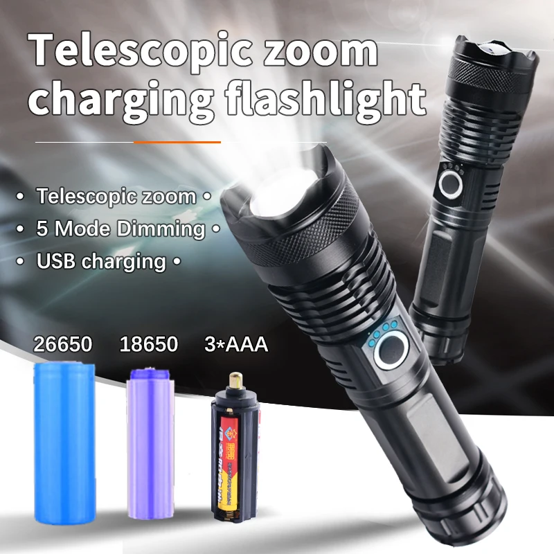 5 Mode dimming rechargeable telescopic zoom flashlight hawk-eye convex lens focusing flashlight.