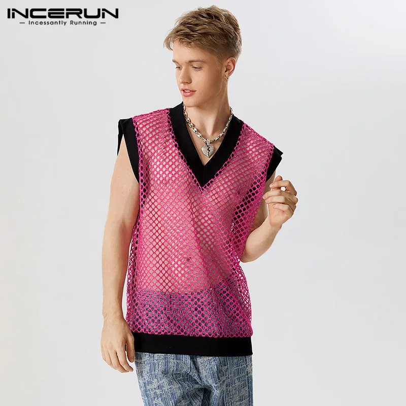 

2023 Men Tank Tops Mesh Patchwork Transparent Streetwear V Neck Sleeveless Vests Loose Shiny Sexy Men Clothing S-5XL INCERUN