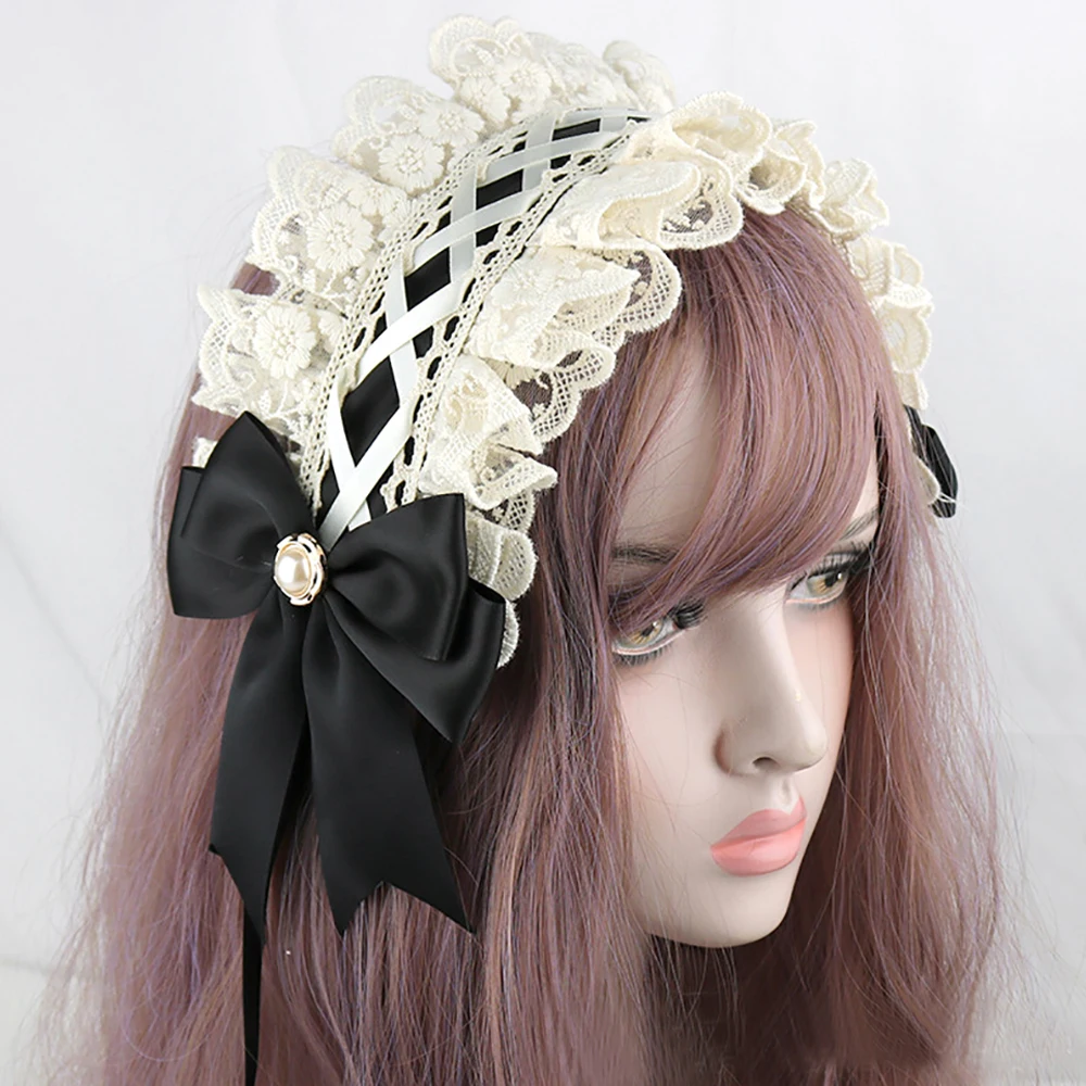 

Ruffled Lace Headpiece Headband Sweet Lolita Bowknot Maid Headdress Women Girls Japanese Style Crisscross Ribbon Pearls Beaded