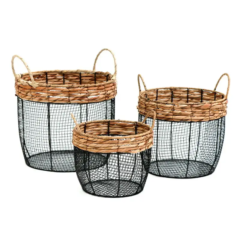 

oval wire tall garden home dcor baskets with wicker and handles - set of 3