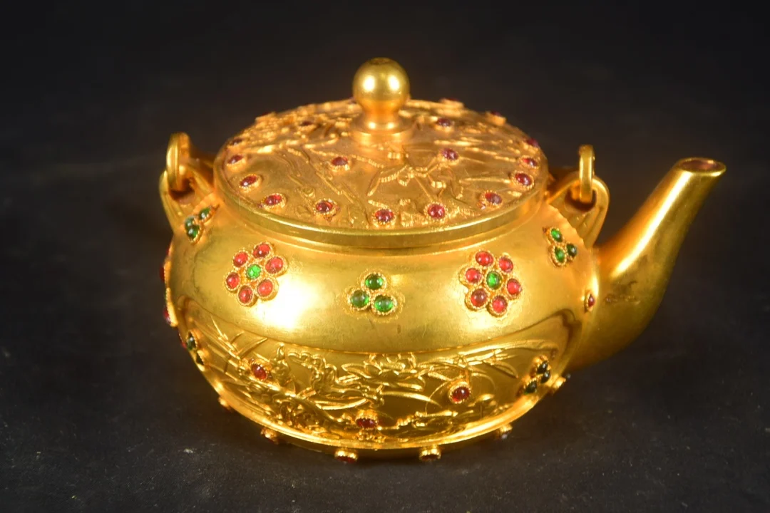 

5"Tibetan Temple Collection Old Purple Bronze Gilded Mosaic Gem Floral Texture a pot with loop handle Flagon Teapot Kettle