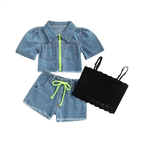 Детская джинсовая одежда для маленьких девочек, куртка с коротким рукавом с шортами и кофточкой для повседневной летней одежды