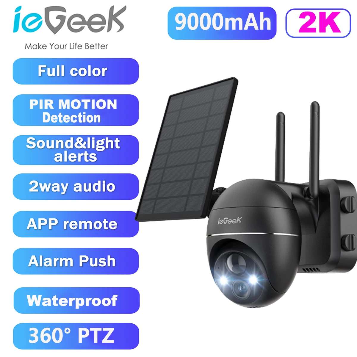 

ieGeek 2K Wireless 360° Solar Security Camera Outdoor with 15000mAh Rechargeable Battery Powered PTZ WiFi CCTV，PIR Detection