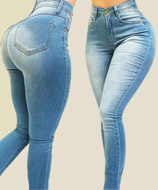 2022 New High Quality Women's Solid Color Zipper High Waist Stretch Slim Sexy Little Foot Jeans for Women