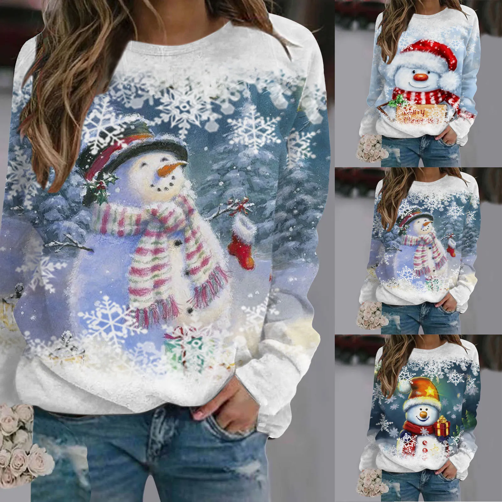 

Ladies Casual Snowman Print Crewneck Long Sleeve Hoodie Hoodie Sweatshirt