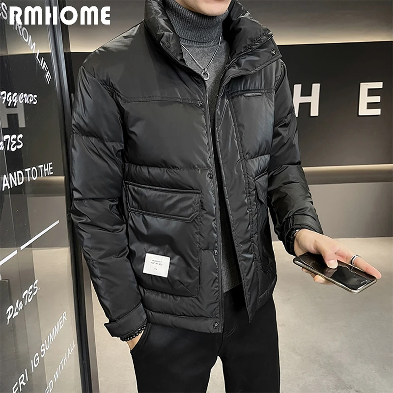 Down Jacket Mens Parkas Stand Collar White Duck Down Coat Korean Fashion Young Male Simple Solid Color Man Down-filled Clothing