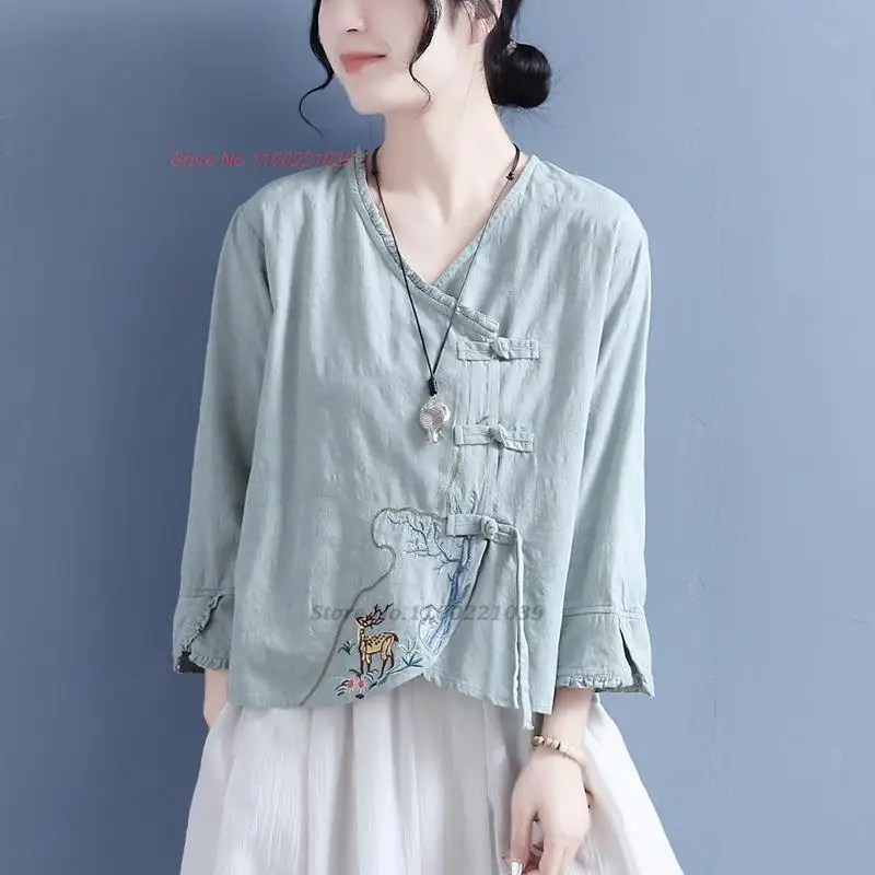 

2023 chinese vintage hanfu blouse national flower embroidery cotton linen blouse oriental tea service loose blouse zen shirt