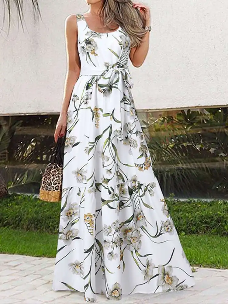 

Celmia Elegant Flower Print Robe Summer Women Long Sundress Bohemian Sleeveless Beach Dress Casual Party A-Line Maxi Vestidos