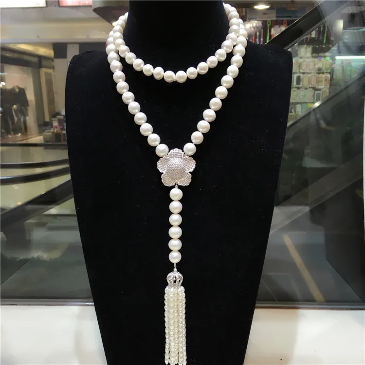 Hand knotted long natural 8-9mm white freshwater pearl necklace tassel sweater chain 80+16cm fashion jewelry