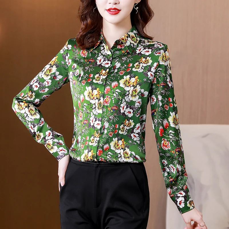 

Блузка женская с длинным рукавом, шелковая Повседневная рубашка-поло с принтом, модная свободная комбинированная одежда, осень