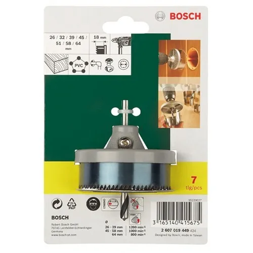 

Bosch 2 607 019 449 Hole Saw Holesaw Set 7 Piece (26/32/39/45/51/58/64mm)