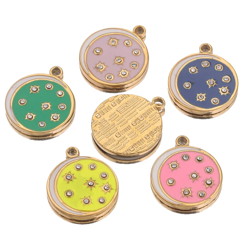 

4pcs/Lot Stainless Steel Boho Round Moon Flashing Stars Rhinestones Enamel Earring Charms for DIY Necklace Jewelry Making Bulk