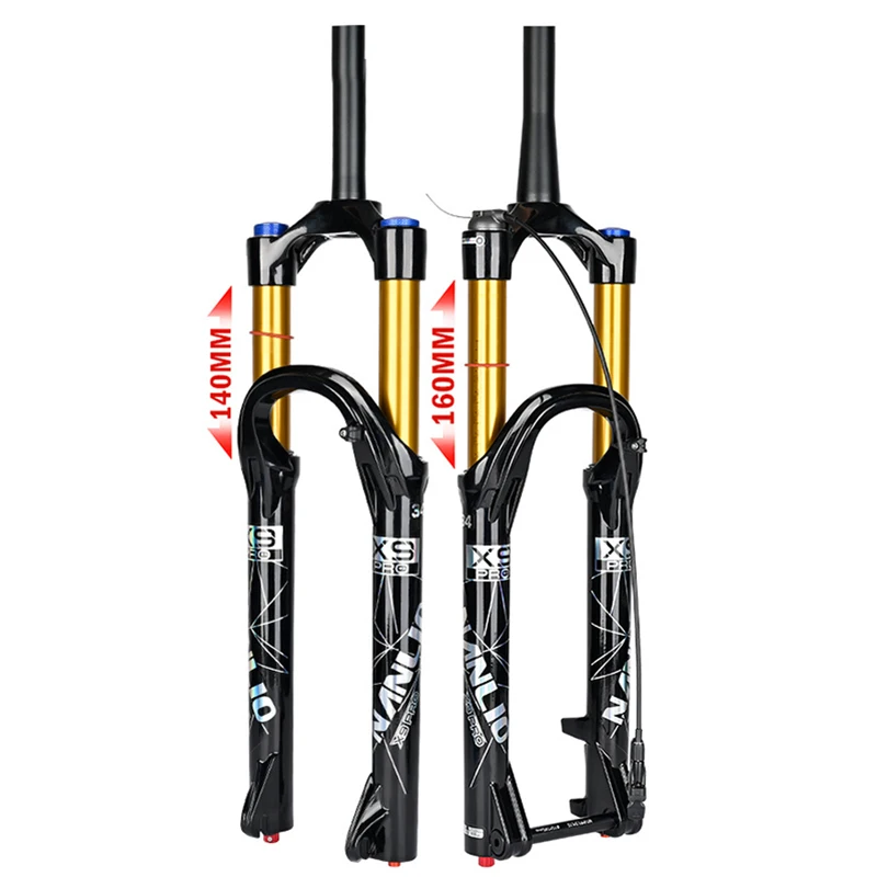 Фото Велосипедная амортизационная вилка NanLio X9 PRO MTB с воздушной подвеской, диаметр штока 34 мм, ход 140/160 мм, для колес 26/27.5/29 дюймов, быстросъемная/с выносной блокировкой, дисковый тормоз №1