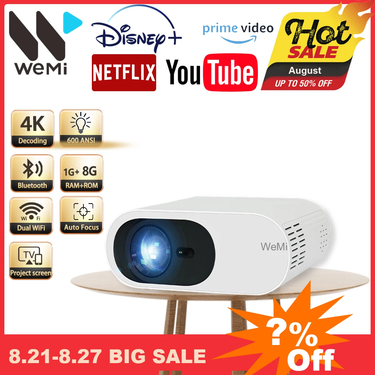 Проектор WEMI L005, 4k 1080P, Full HD мультимедийный проектор 600 Ansi, Smart WiFI, Android, коррекция автофокуса, Официальный домашний кинотеатр Netfliex