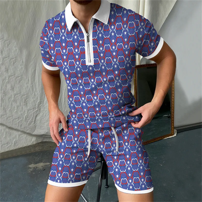 2023 New 3D Polo Shirt For Men Brand Tracksuit Summer Suit Trousers And Shirt Man Luxury T-shirt Fashion Stripe Printed Set