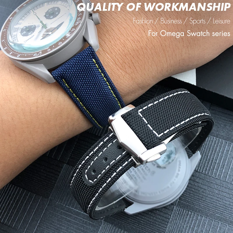 

20mm 22mm 19mm 21mm Canvas Leather Watchband for Omega Seamaster Diver 300 Moonswatch Speedmaster AT150 Nylon Watch Strap Tools