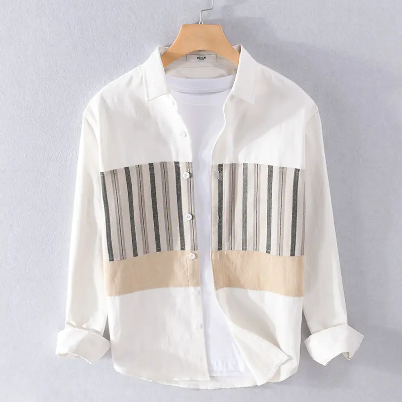 

Мужская хлопковая рубашка с длинными рукавами и квадратным вырезом