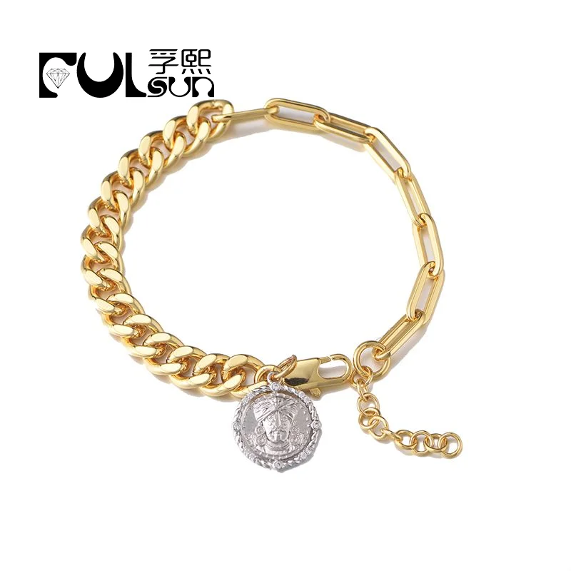 

hip hop Fashion Link Splicing clip Paper chain brass bracelet jewelry 18k gold plated Indian headshot coin charm bracelet