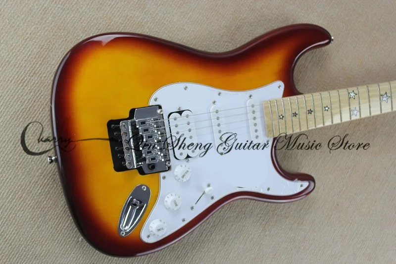 

6 string electric guitar,Stra cherry sunburst guitar,ssh pickups,tremolo bridge,white pickguard,stars inlay