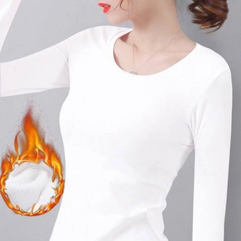 Women Autumn Winter Bottoming Shirt Constant Temperature Plus Velvet Long-sleeved T-shirt Thin Velvet Heating Fiber Thermal Top