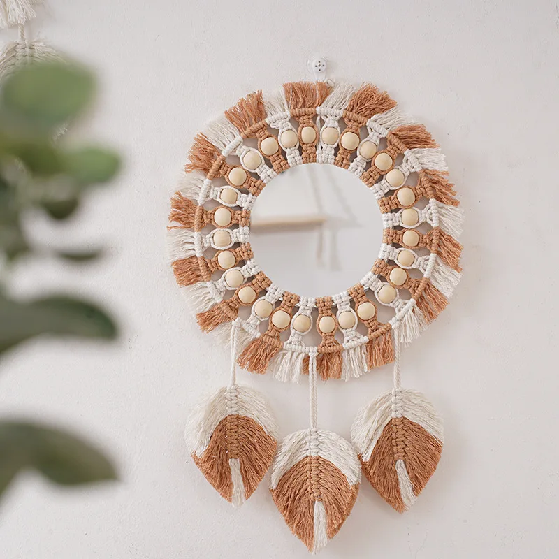 

Nordic Mirror Hand Woven Apricot Cotton Rope Makeup Mirror Home Decoration Wall Hanging Mirror Wall Mirrors for Home Wall