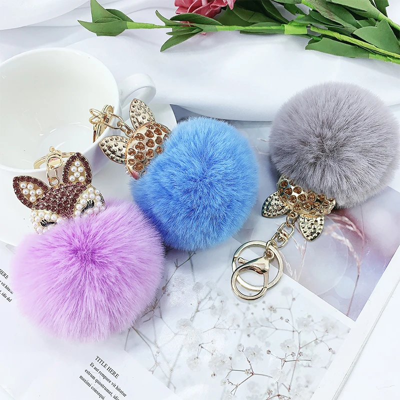 

New Cute Faux Fur Keychain Women Rhinestone Fox Head Key Chain Luxury Purse Backpack School Bag Pendant Creative Girls Gifts