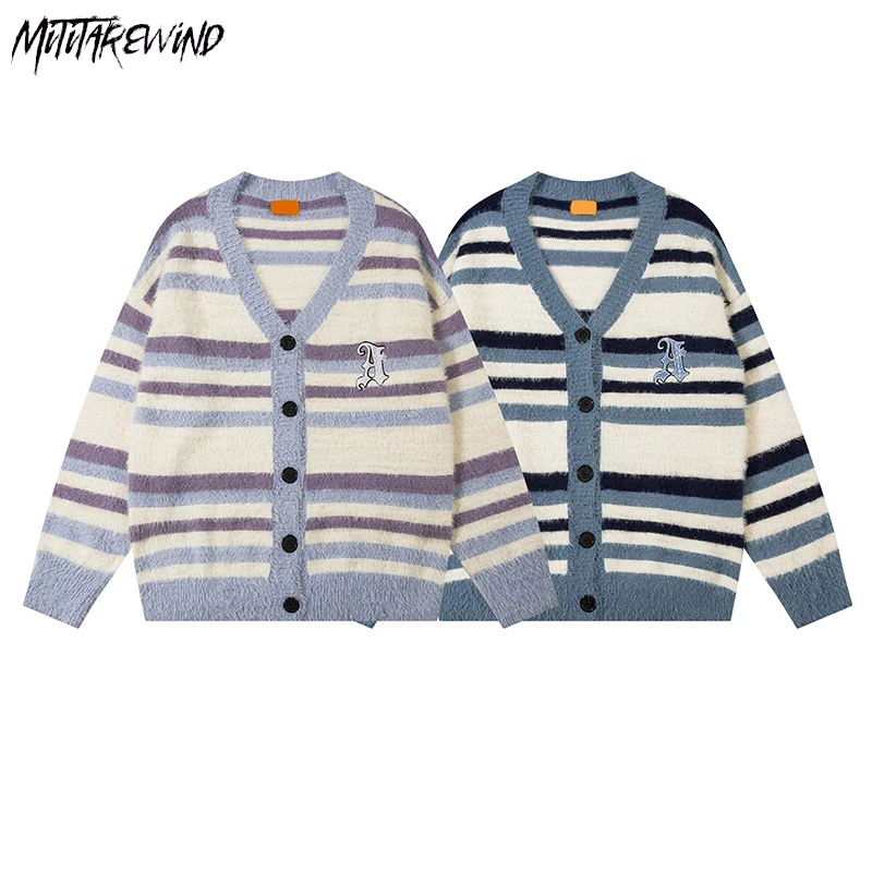 

Модные новые свитера в полоску вязаная одежда с длинным рукавом для пары Повседневная Уличная одежда осень-зима новые однобортные вязаные кардиганы