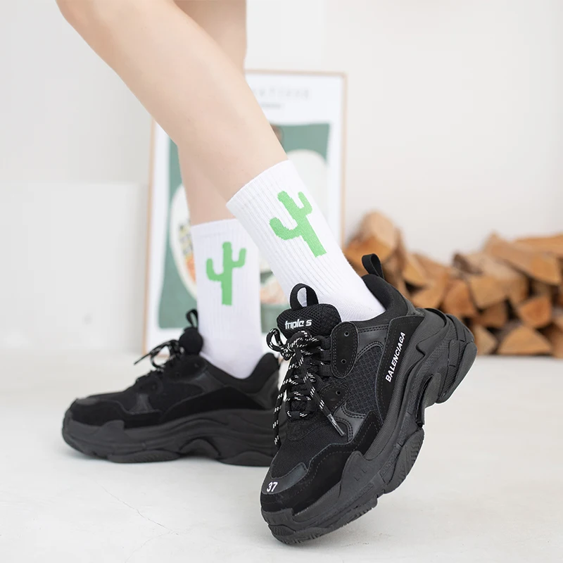 3 Pairs/Box Simplicity Cartoon Cactus Avocado Stockings Cotton Harajuku White Printted Fashion Gifts for Men Women Long Socks