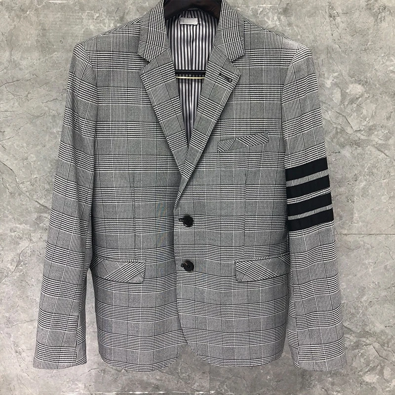 

Gray Lattice Formal Man's Suite New Blazer Men Clothing Casual Jacket Single Breasted Notched Pocket Winter Coat Korea Style