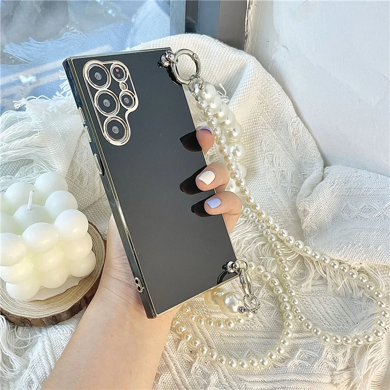 

For Samsung S22 Ultra Case Luxury Crossbody Shoulder jewelry Pearl Chain Strap Plated Cover for Samsung Galaxy S20 S21 Note 20