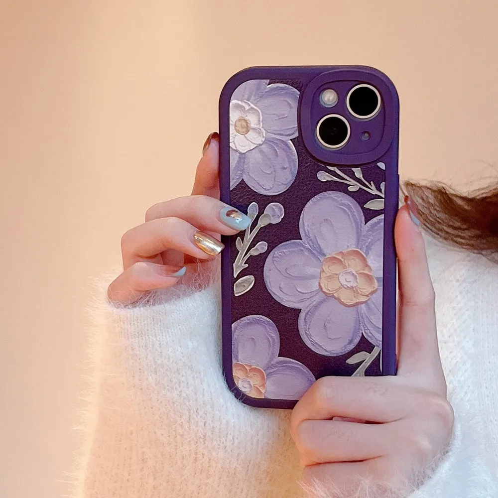 Luxury Purple Tulip Flower Lambskin Leather Phone Case For Iphone 11 12 13 14 Pro Max Xr Xs X Shockproof Soft Silicone Cover