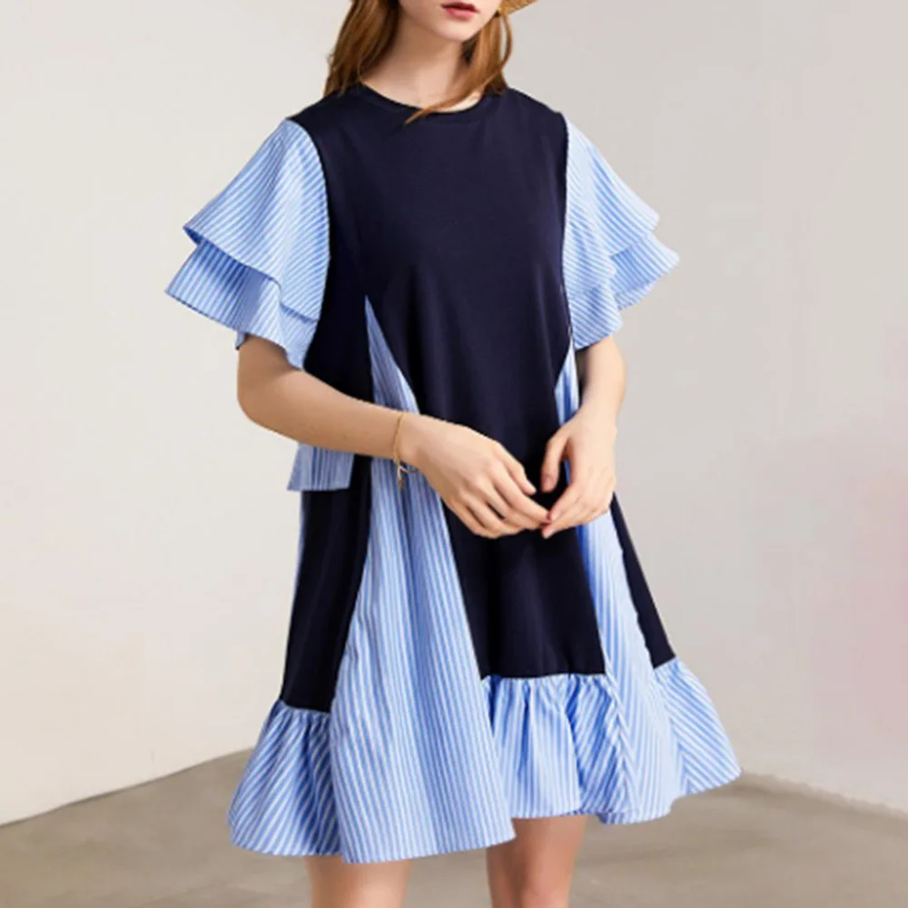 

Falbala Short Sleeve Round Neck Knee-Length Summer Women's Dress Casual Simple Style Patchwork Solid Female Dress Ladies Fashion