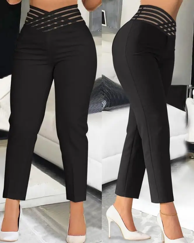 

Elegant Overlap Waist Work Pants for Women Hollow Out Sheer Mesh Design Summer Women's Fashion Office High Waisted Trousers