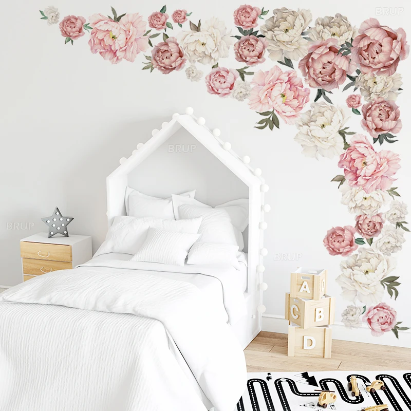 Cover 200cm the Whole Wall Large Watercolor Pink White Peony Flower Wall Stickers Bedroom Wall Decals Art Mural Home Decor Vinyl