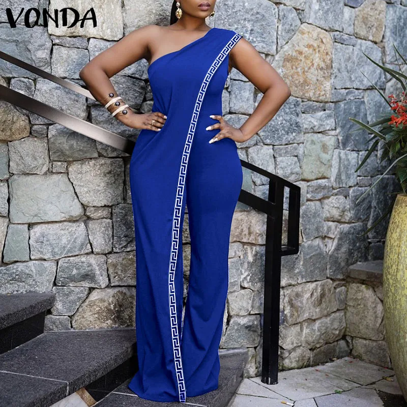 

VONDA 2022 летние сексуальные длинные Комбинезоны на одно плечо с принтом, женские комбинезоны с пэчворком и принтом, брюки палаццо, женский ком...
