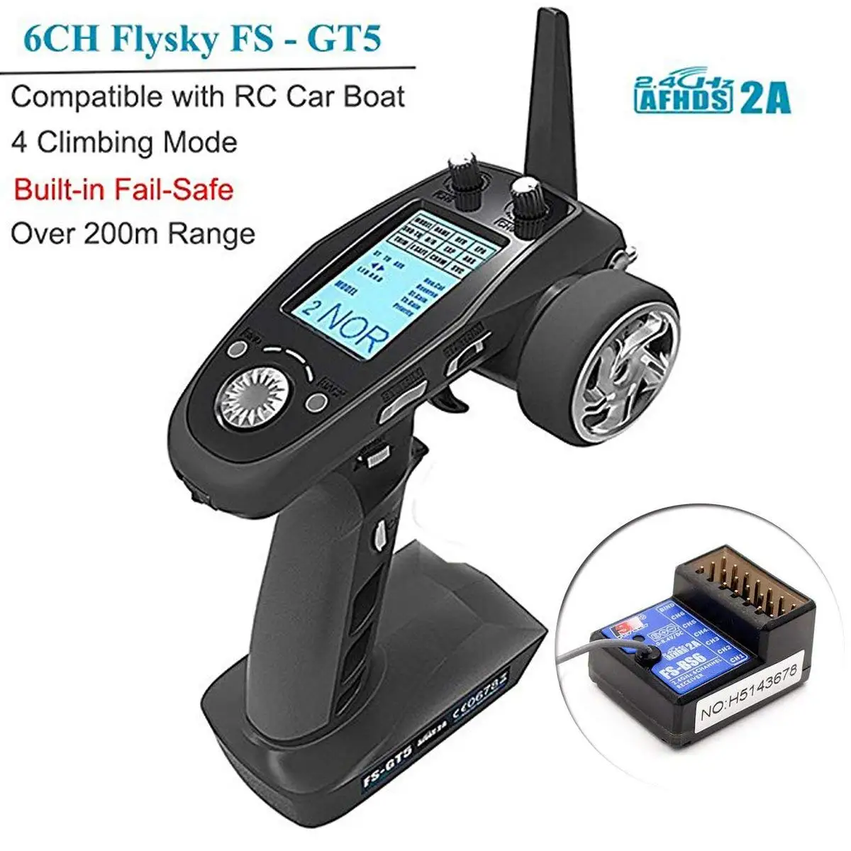 Фото Радиопередатчик FlySky FS-GT5 2.4G 6CH AFHDS с приемником FS-BS6 для радиоуправляемых машин, краулеров, лодок, моделей автомобилей и запчастей №2