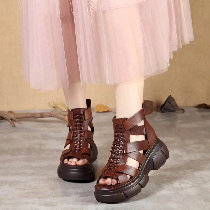 

Женские плетеные сандалии на платформе, летние сандалии-гладиаторы конфетных цветов с ремешком на щиколотке и толстым каблуком, модель раз...