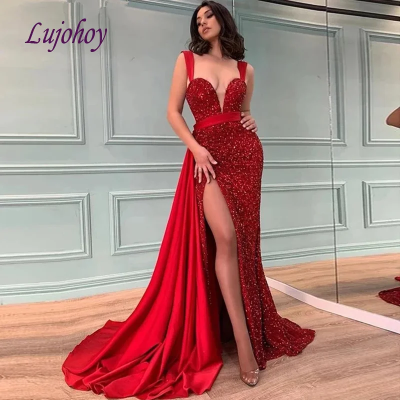 

Сексуальные красные длинные вечерние платья, юбка-годе для вечеринок, женские вечерние платья с разрезом сбоку для выпускного вечера