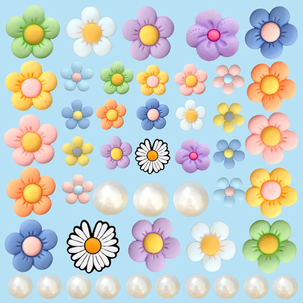 

Cute 1-14Pcs 5 Petal Flowers Shoe Accessories Charms Pearl Sandals Buckle Decor Bracelet Pins Croc Charms JIBZ Girls Women Gifts