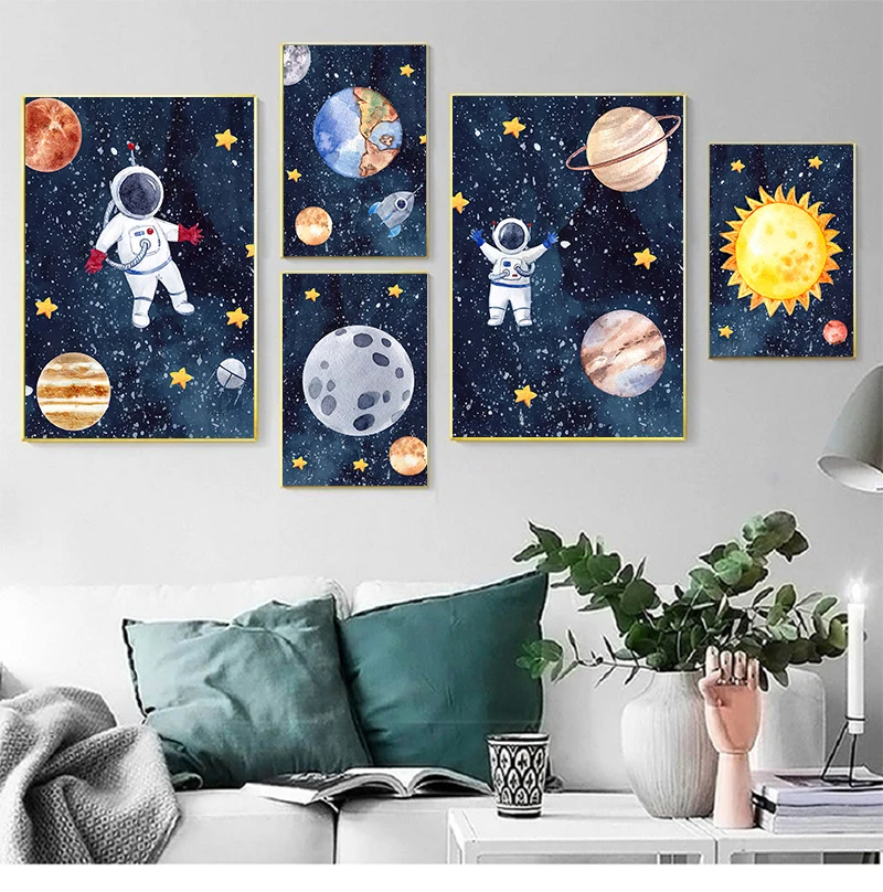 

Мультяшный астронавт солнце земля Луна Звезда ракета настенная Картина на холсте скандинавские плакаты и принты настенные картины декор детской комнаты
