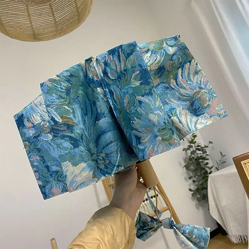 

Oil Painting Three Folding Rain Umbrella Sunshade Monet Drawing Umbrella Waterproof Sun Protection Oil Painting Umbrella