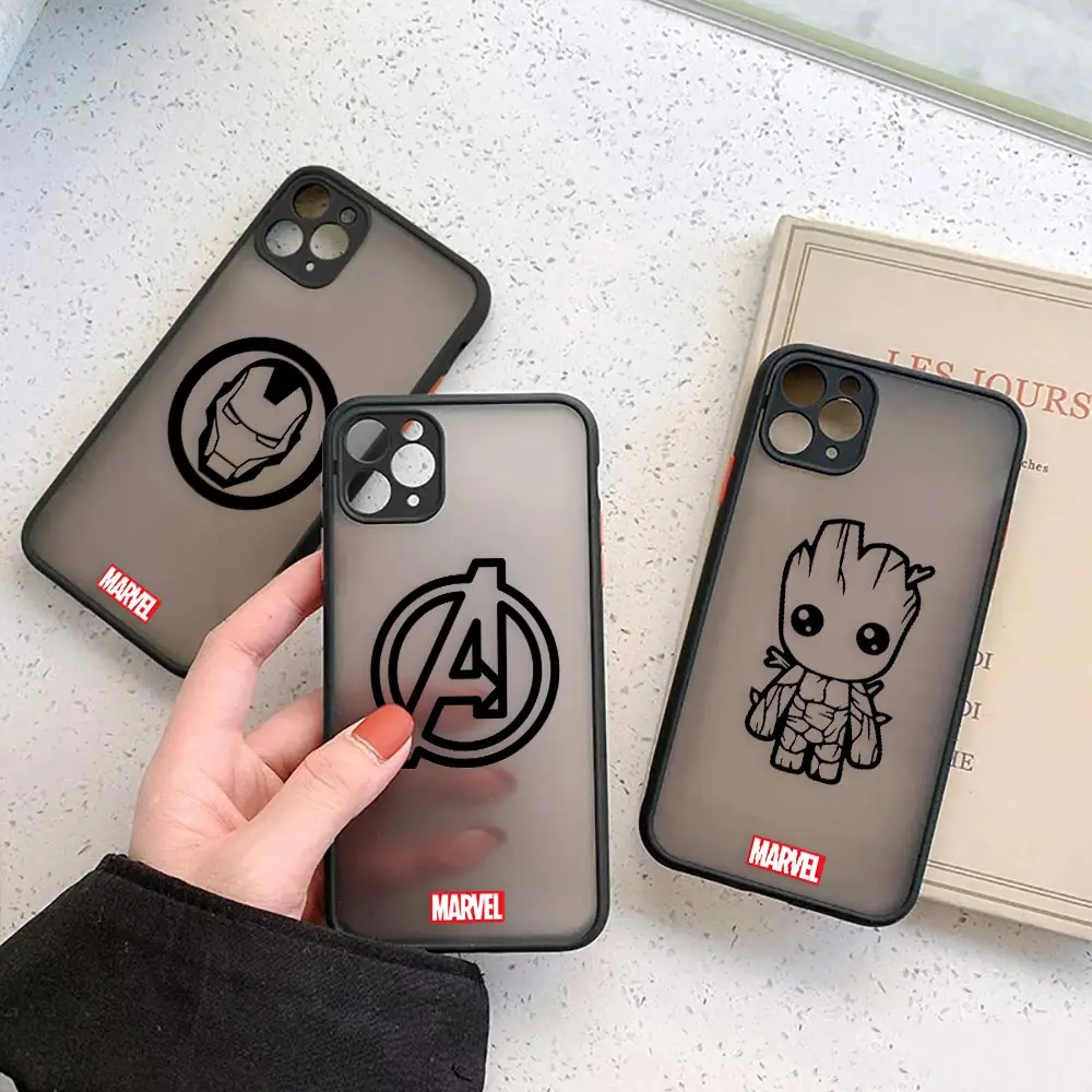 Marvel Avengers Logo Matte Coque Case For iPhone 14 13 12 11 Pro Max Mini XR XS X 7 8 Plus Shockproof Clear Cover Iron man Groot