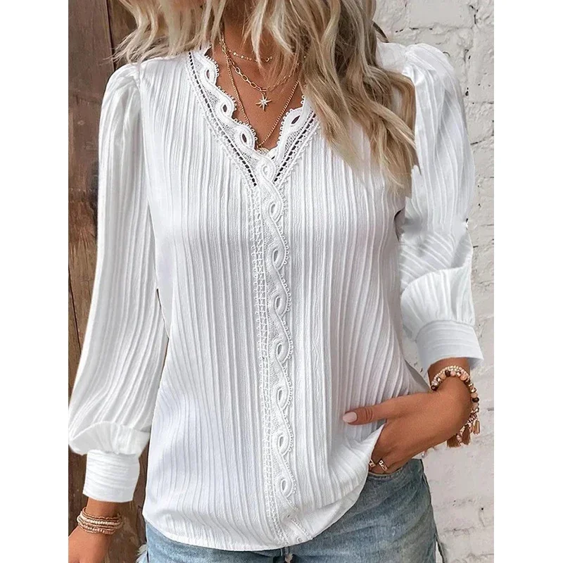 

2023 Office-lady V-neck Blouse Elegant Long Sleeve Lace Shirt Women Loose Hollow Out Stripe Pleated Vintage Tops New Mujer 27970