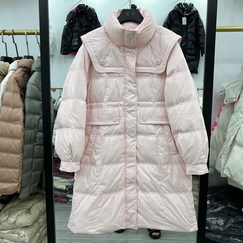 Women Autumn Winter All Match Warm White Duck Down Coat Ladies Long Stand Collar Zipper Pocket Loose Solid Color Padded Jacket