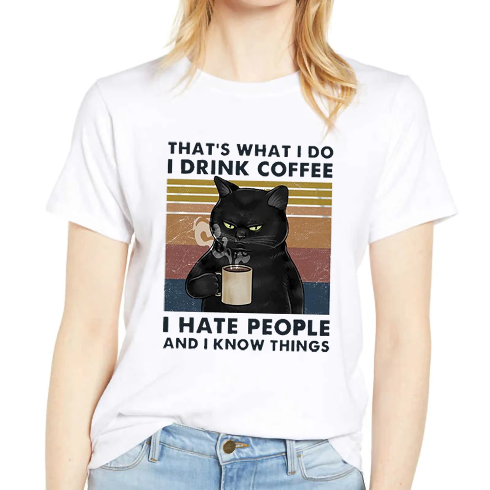 

Round Neck T-shirt Summer Cotton Cartoon Cute I Drink Coffee Black Cat Harajuku Top Casual Street Retro Oversized Short Sleeves