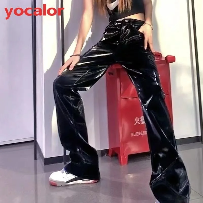 Yocalor Streetwear Y2K Fashion Leather High Waist Trousers Autumn Gothic Harajuku Bottoms Pants For Women 90s Clothes Vintage