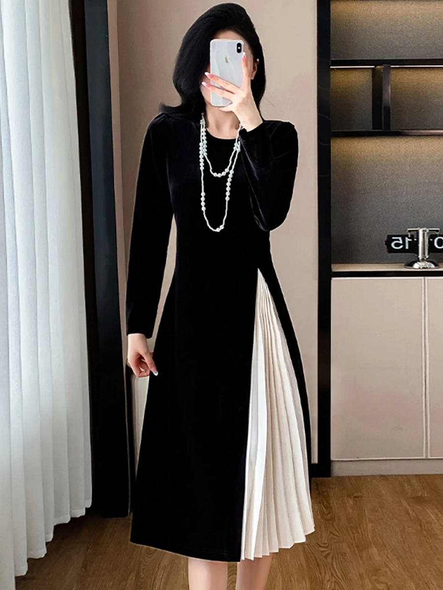 Высококлассный дизайн бархатное лоскутное платье с круглым вырезом осень-зима